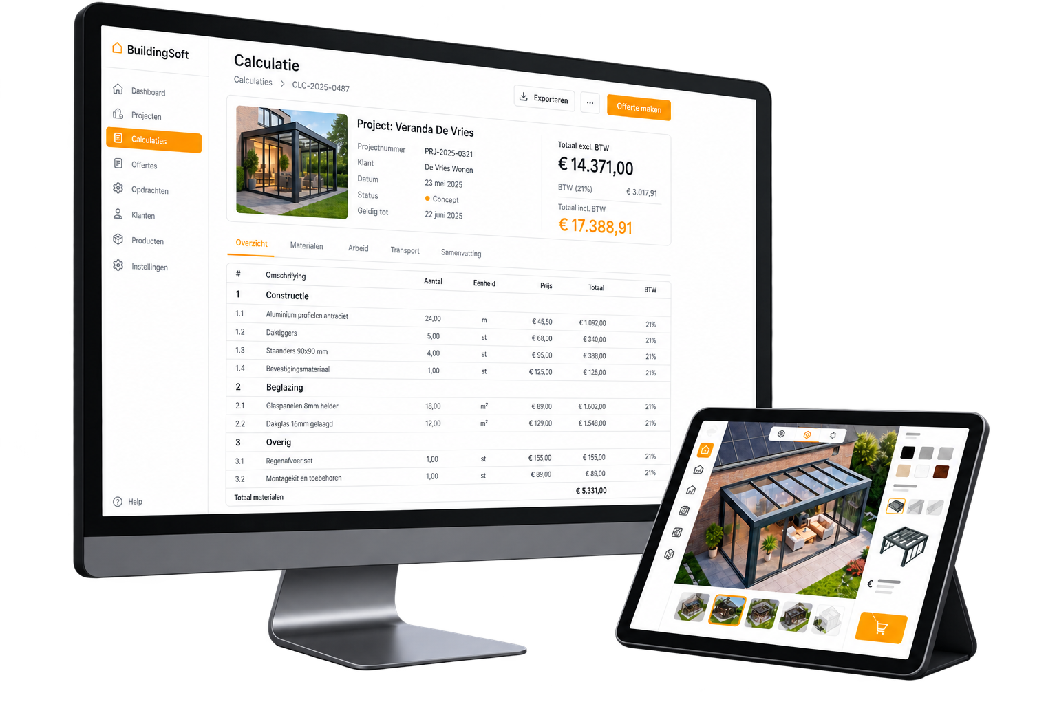 BuildingSoft calculatie op computer en productconfigurator op tablet