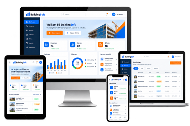 BuildingSoft CRM op computer, laptop, tablet en telefoon
